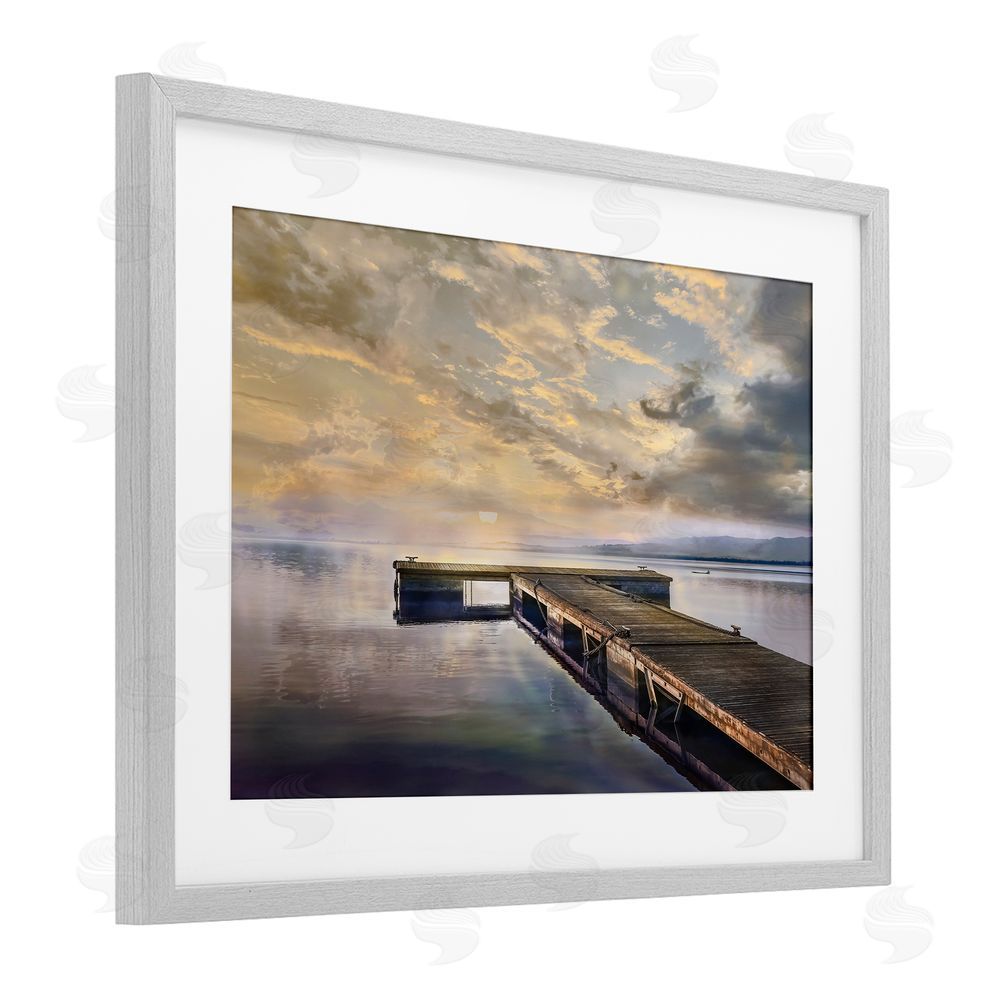 Mike Calascibetta Lazy Morning Lake Dock Gray Framed Print Under Glass Art