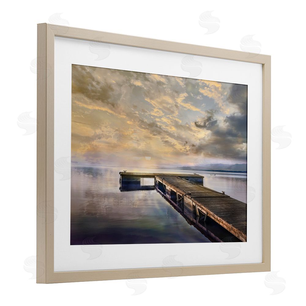 Mike Calascibetta Lazy Morning Lake Dock Birch Framed Print Under Glass Art