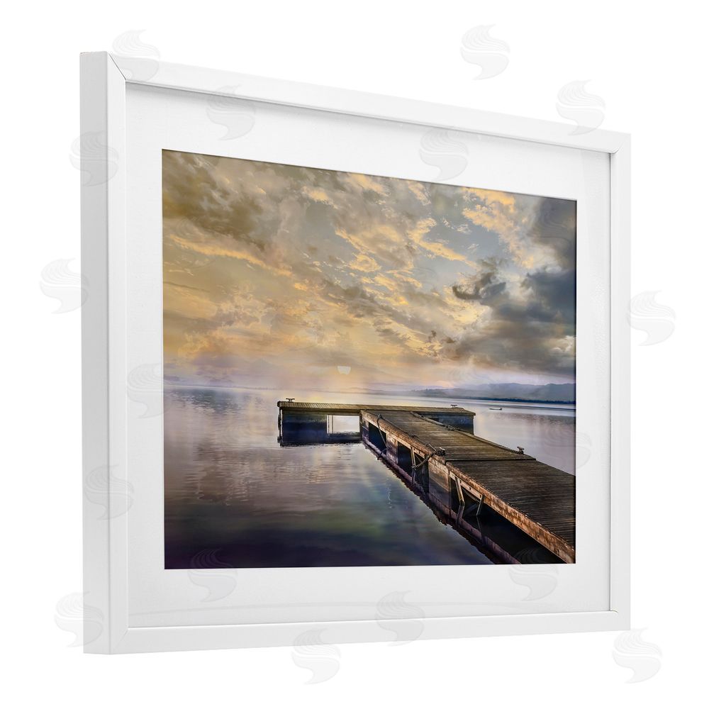 Mike Calascibetta Lazy Morning Lake Dock White Framed Print Under Glass Art