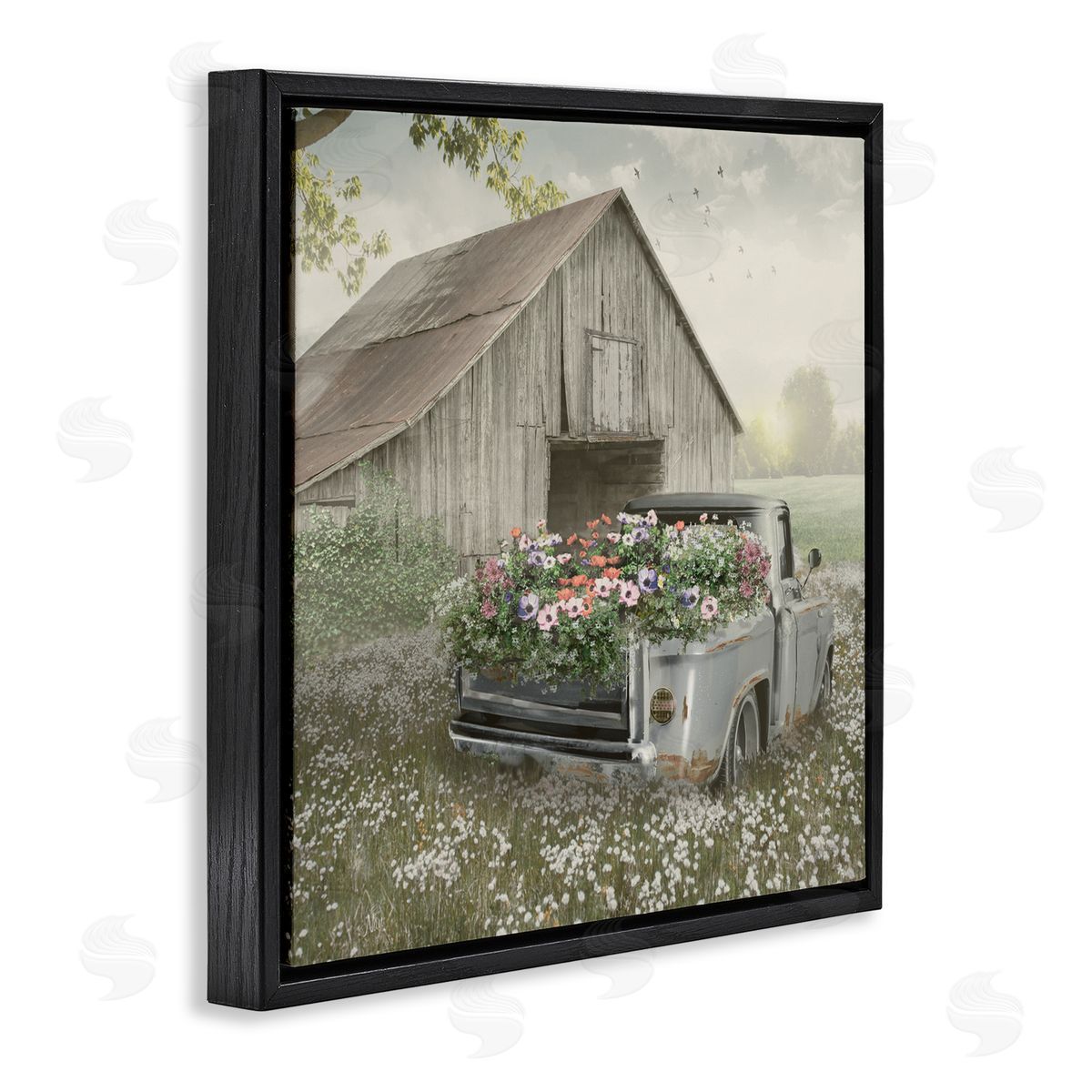 Nan Gathering Fragrance Flower Truck Black Floating Frame Canvas Wall Art Print