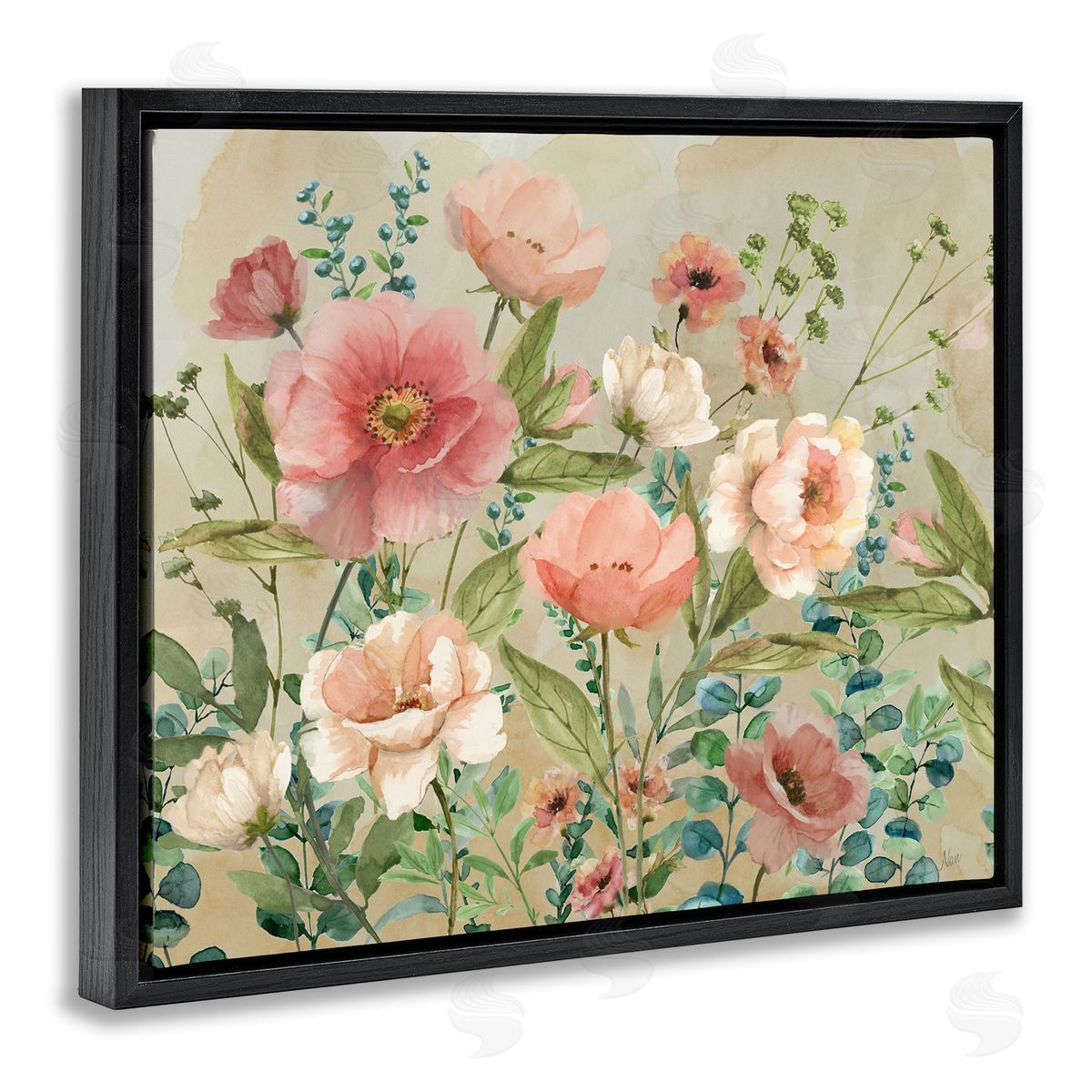 Nan Floral Surprise Garden Black Floating Frame Canvas Wall Art Print