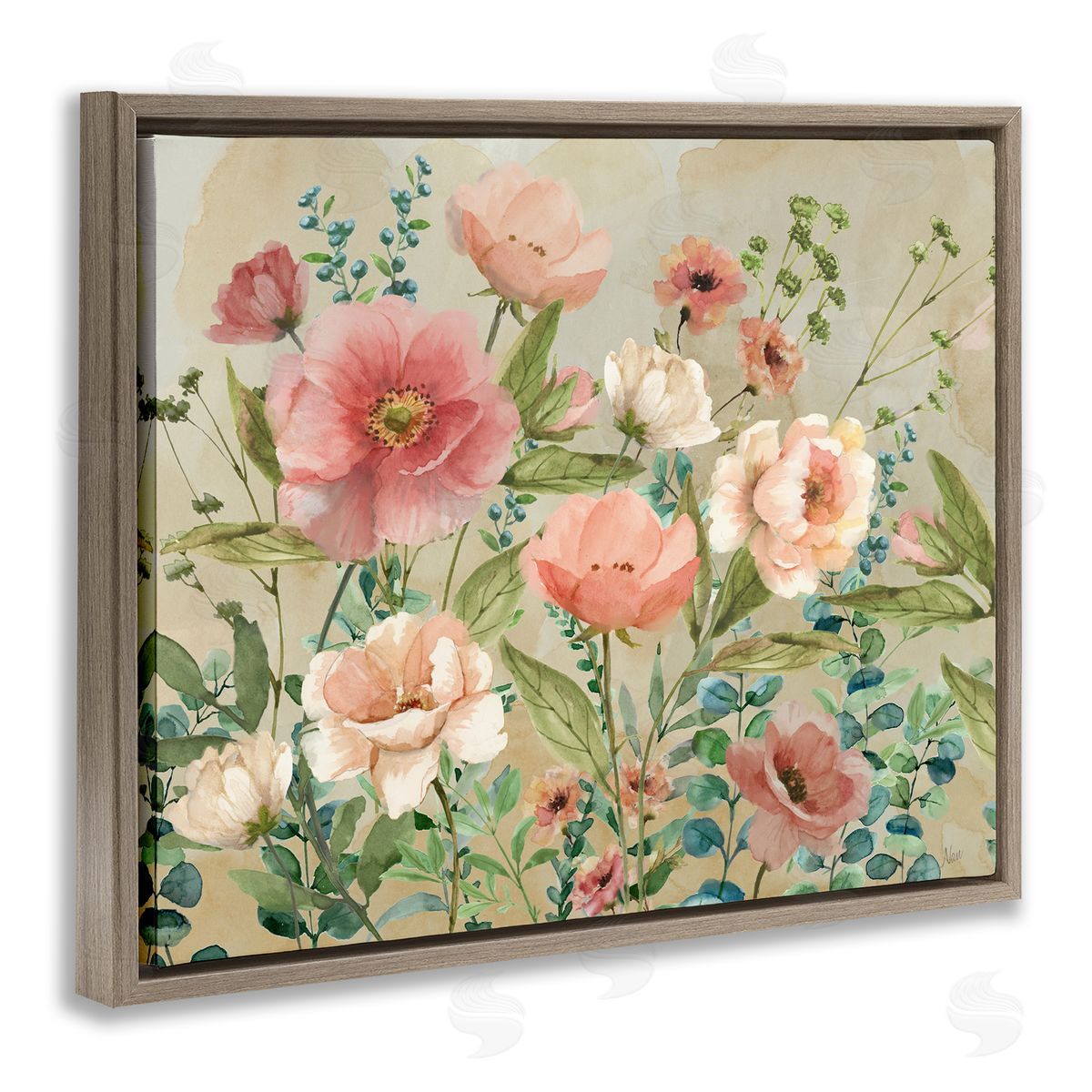 Nan Floral Surprise Garden Brown Floating Frame Canvas Art Print