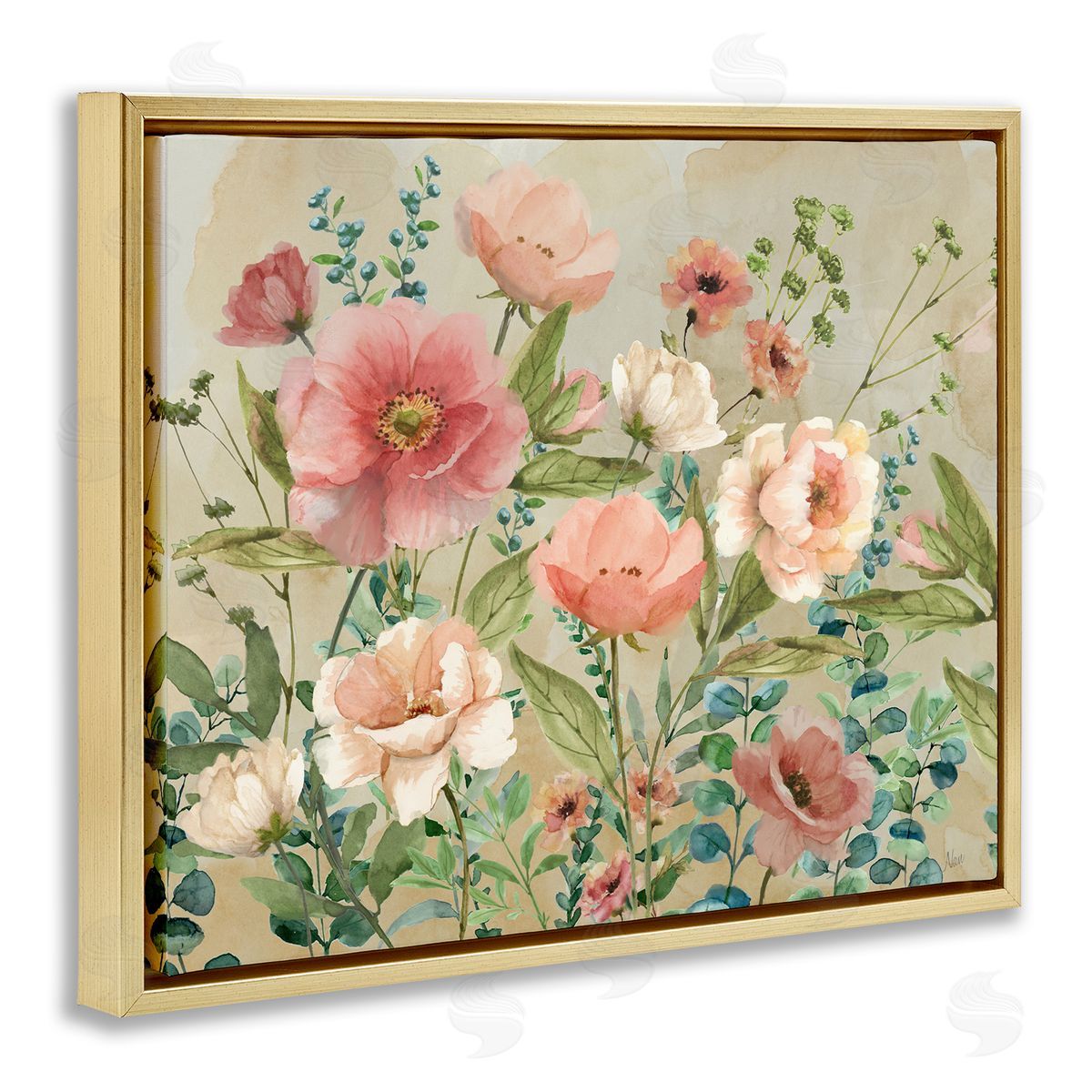 Nan Floral Surprise Garden Gold Floating Frame Canvas Art Print