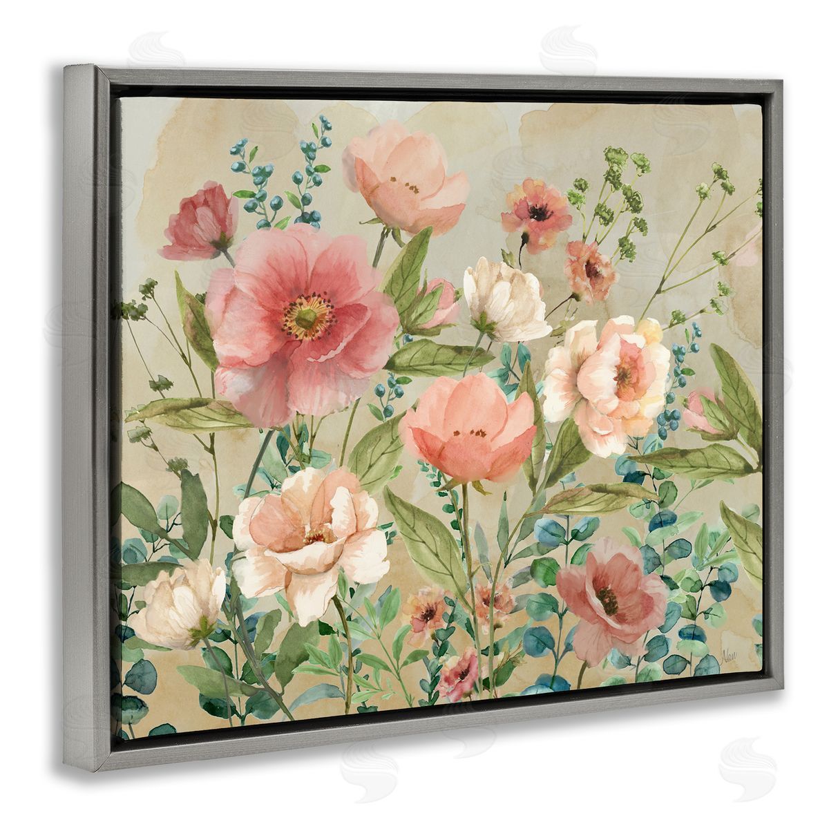 Nan Floral Surprise Garden Gray Floating Frame Canvas Art Print