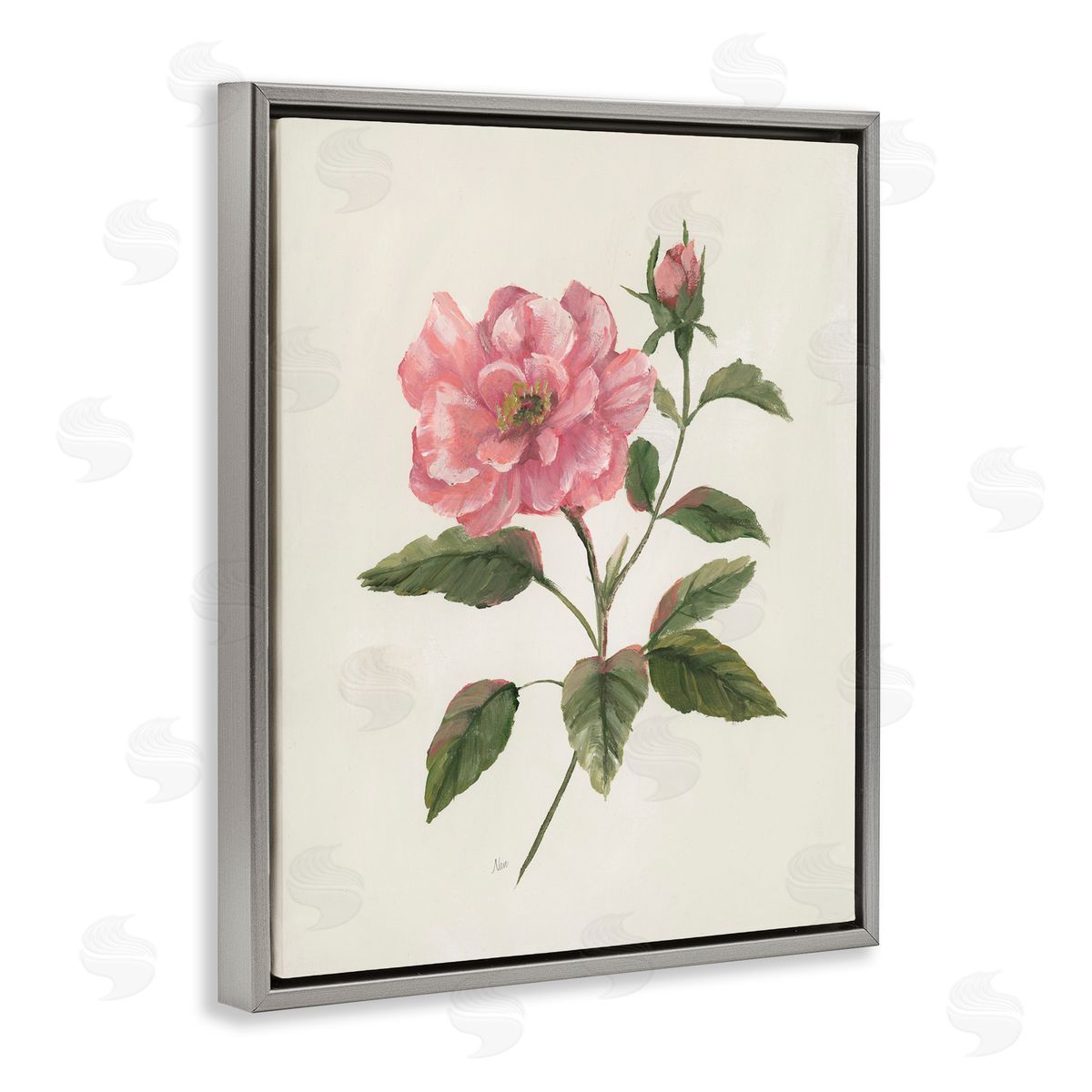 Nan Rosie Rose Flower Blossom Gray Floating Frame Canvas Art Print