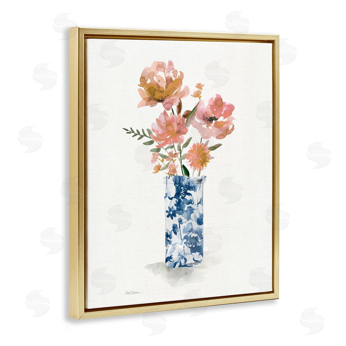 Carol Robinson Chinoiserie Blooms Pink Flowers Gold Floating Frame Canvas Art Print