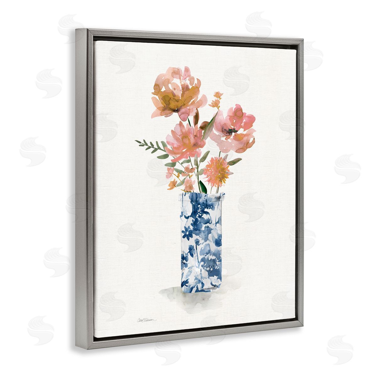 Carol Robinson Chinoiserie Blooms Pink Flowers Gray Floating Frame Canvas Art Print