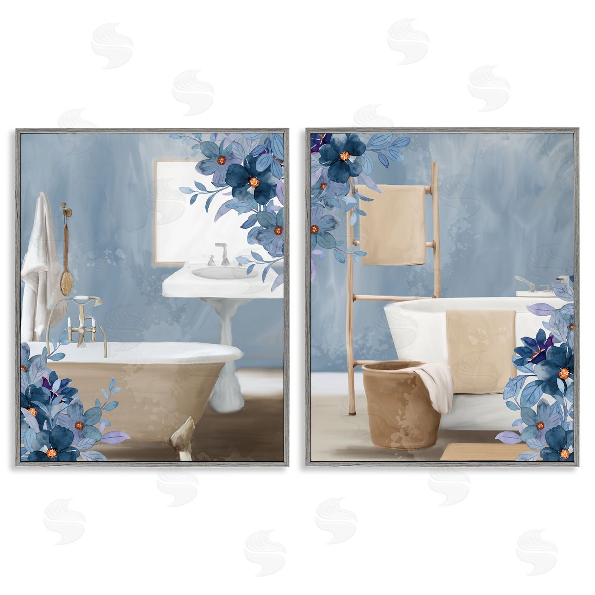 Kim Allen Bathroom Blues Floral Interior Canvas Wall Art Print