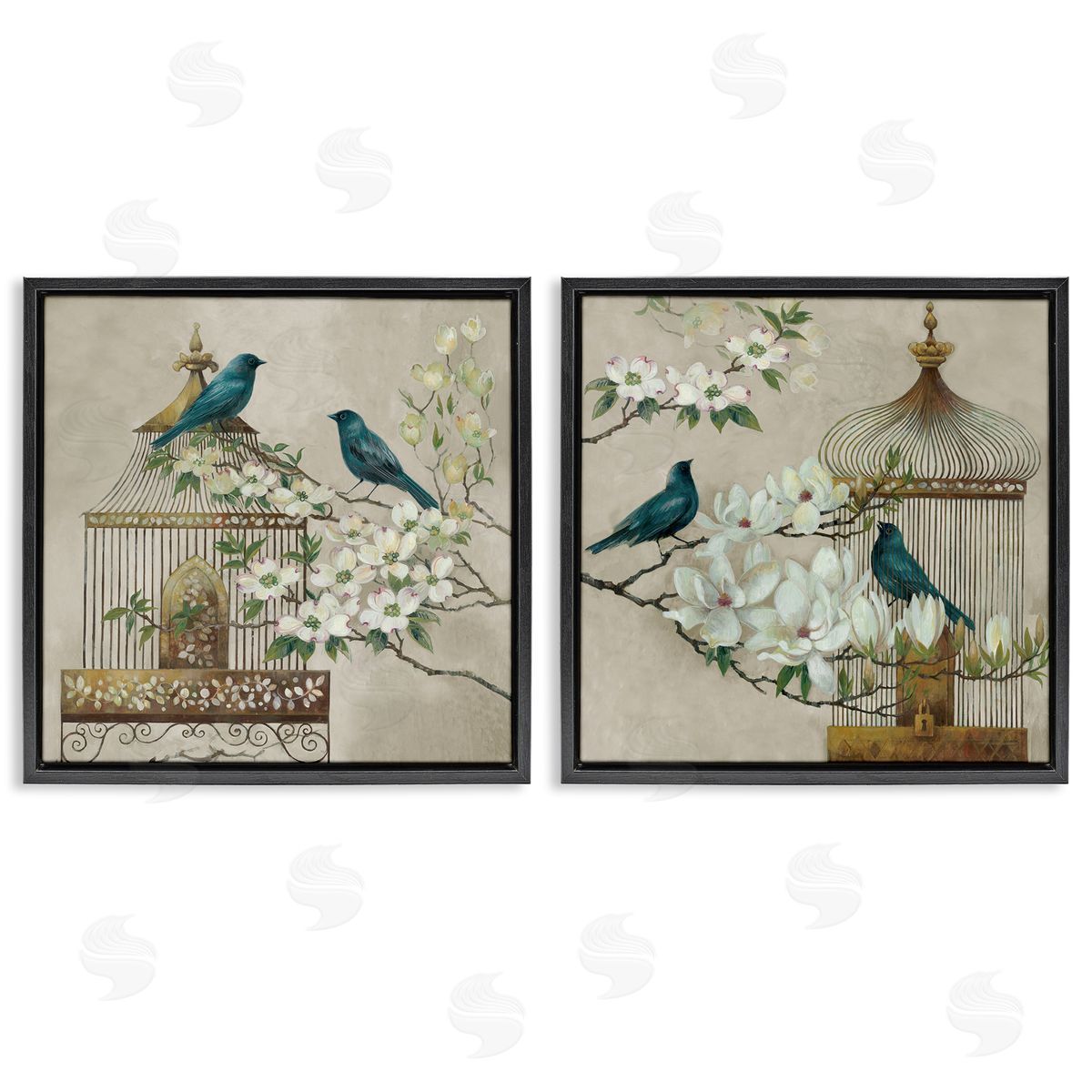 Elaine Vollherbst-Lane Spring Bluebirds Menagerie Black Floating Frame Canvas Wall Art Set