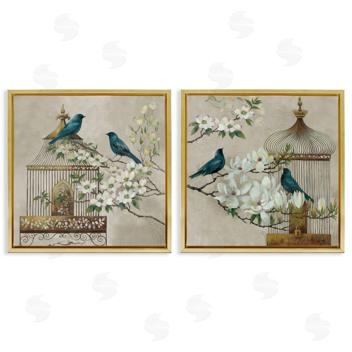 Elaine Vollherbst-Lane Spring Bluebirds Menagerie Gold Floating Frame Canvas Art Set