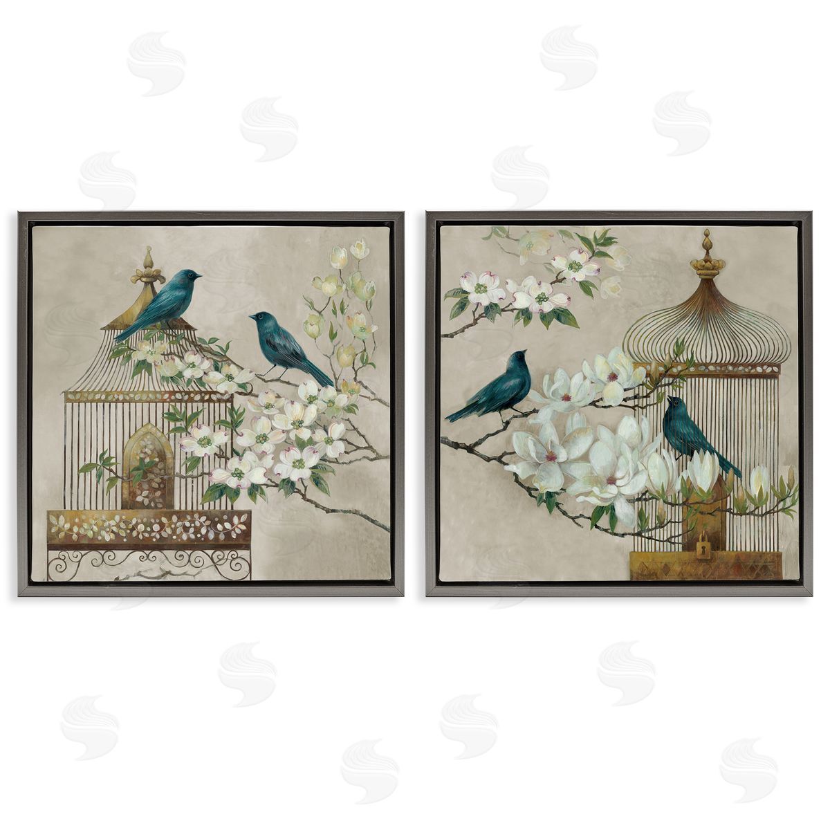 Elaine Vollherbst-Lane Spring Bluebirds Menagerie Gray Floating Frame Canvas Art Set
