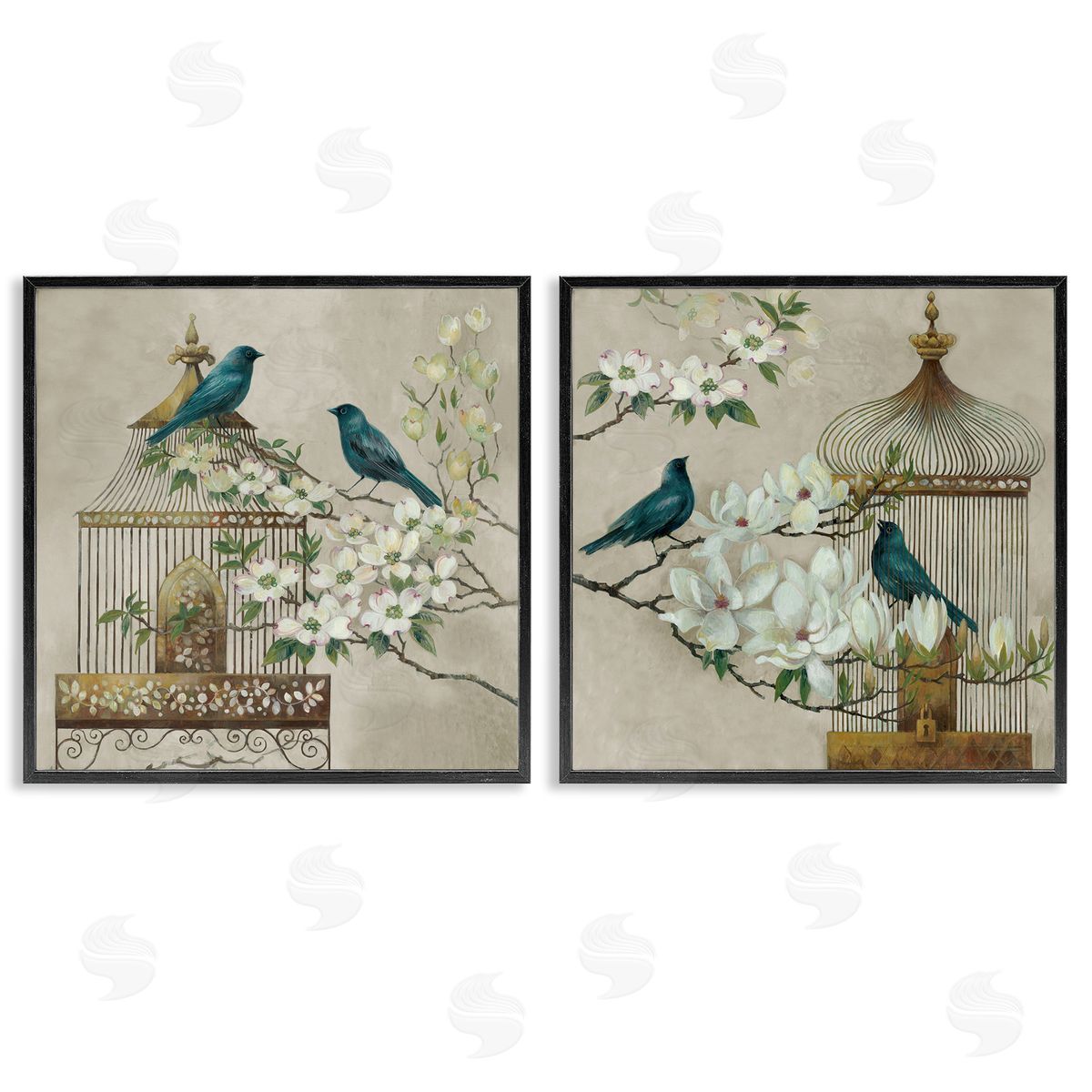 Elaine Vollherbst-Lane Spring Bluebirds Menagerie Black Framed Giclee Art Set