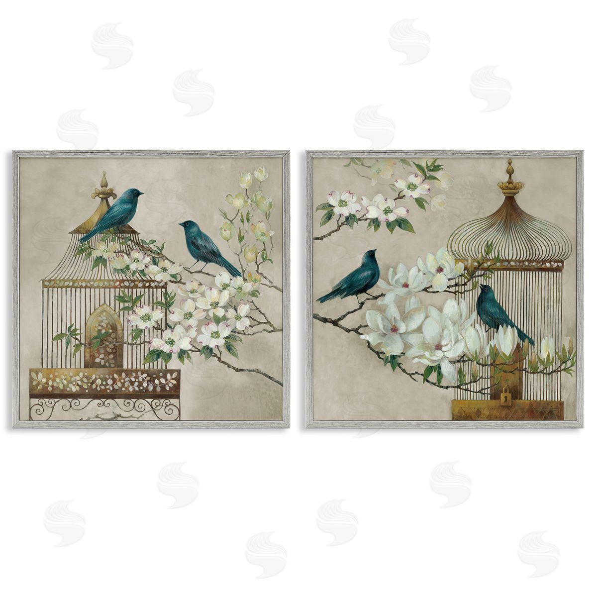 Elaine Vollherbst-Lane Spring Bluebirds Menagerie Gray Framed Giclee Art Set