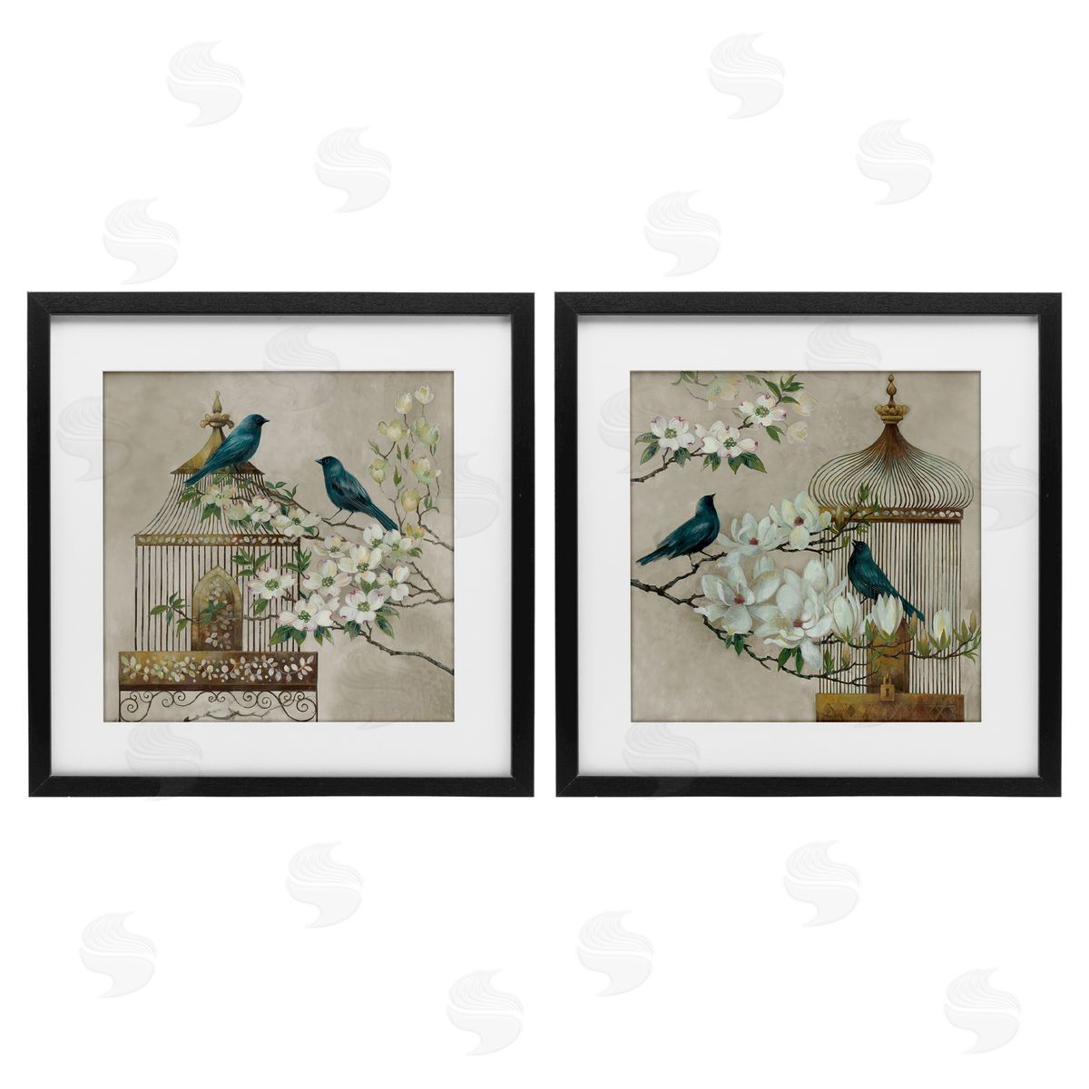 Elaine Vollherbst-Lane Spring Bluebirds Menagerie Black Framed Print Under Glass Set