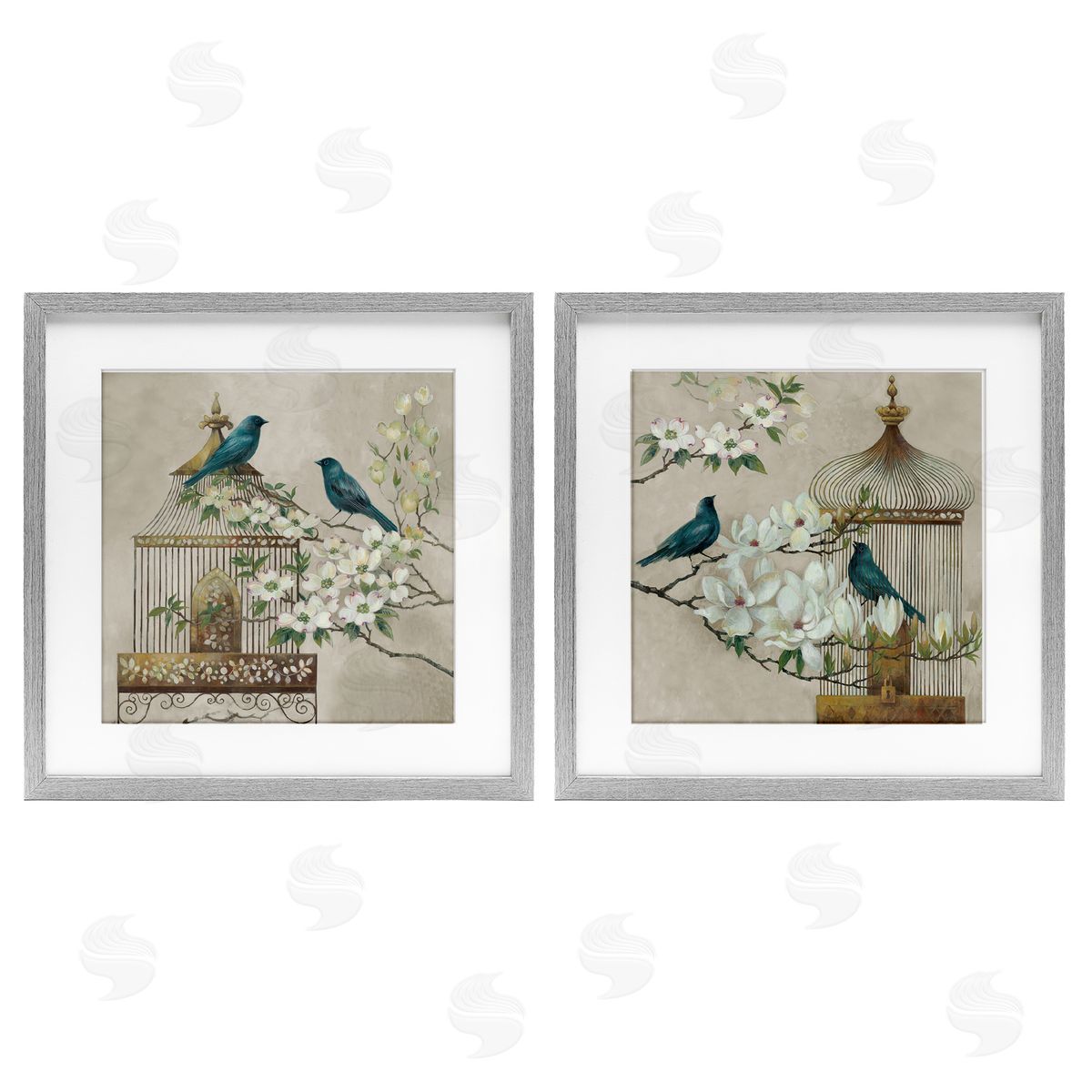 Elaine Vollherbst-Lane Spring Bluebirds Menagerie Gray Framed Print Under Glass Set