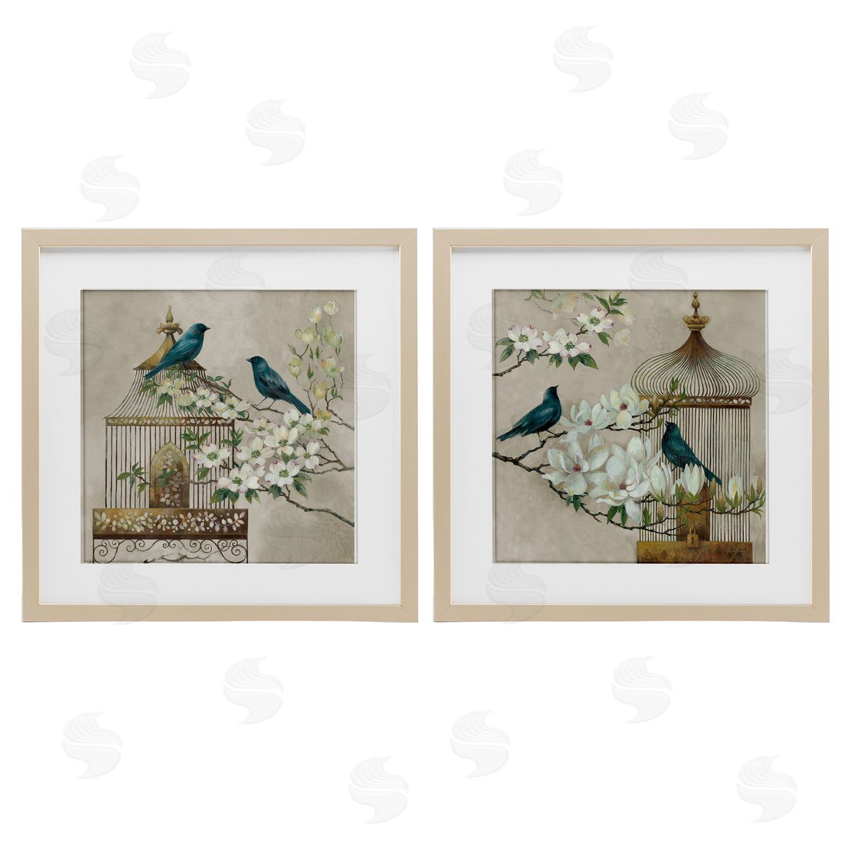 Elaine Vollherbst-Lane Spring Bluebirds Menagerie Birch Framed Print Under Glass Set