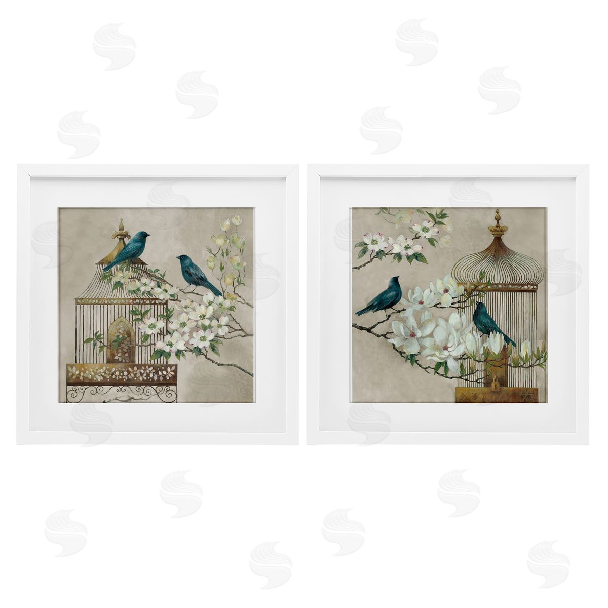 Elaine Vollherbst-Lane Spring Bluebirds Menagerie White Framed Print Under Glass Set