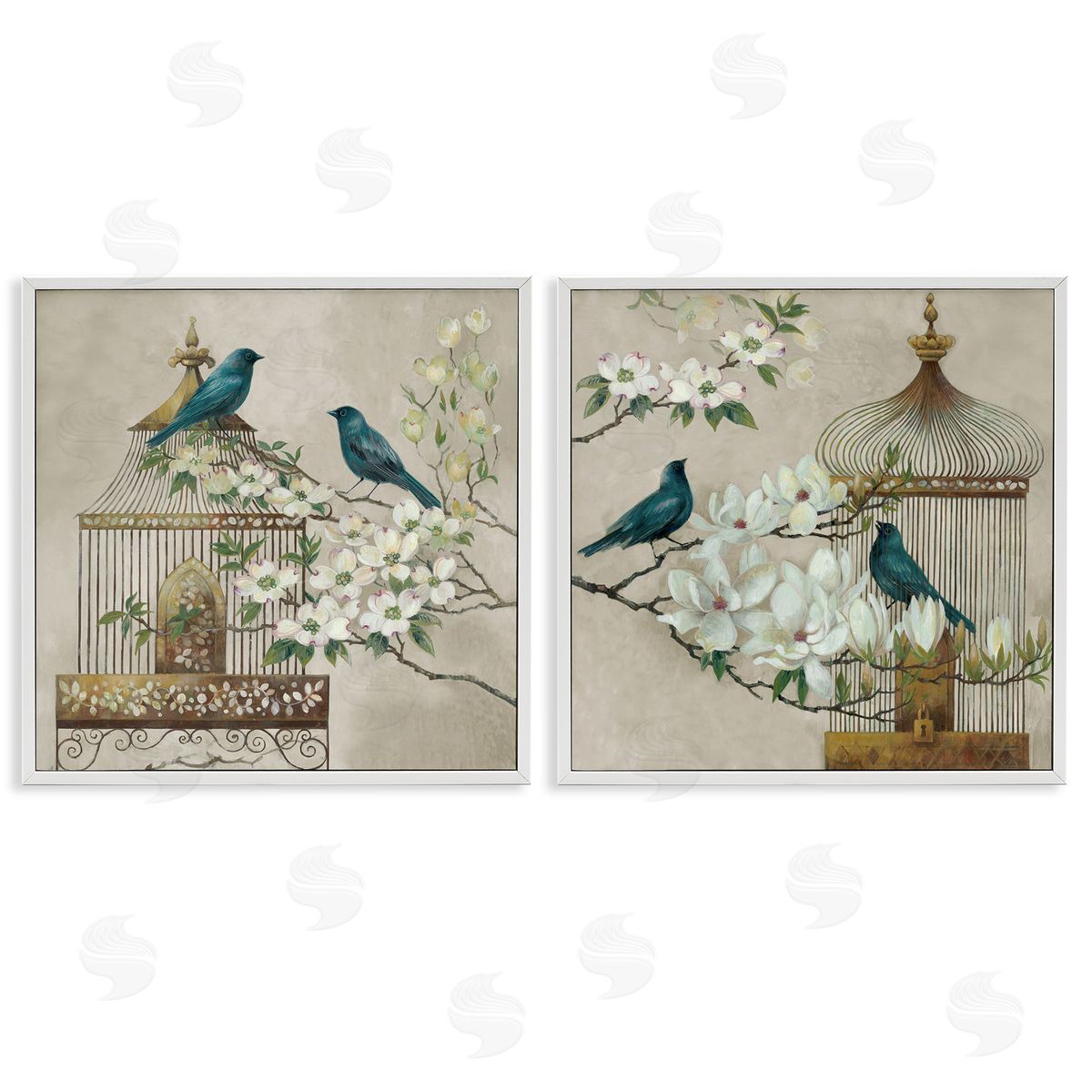 Elaine Vollherbst-Lane Spring Bluebirds Menagerie White Frame Giclee Art Set