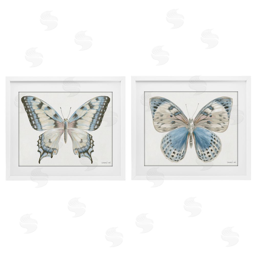 Danhui Nai Blue Accented Butterflies White Framed Print Under Glass Set
