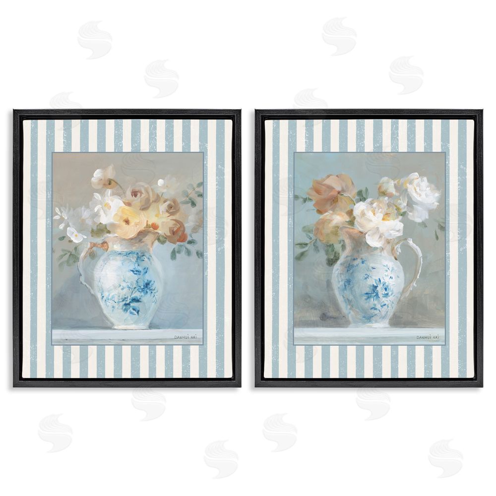Danhui Nai Heirloom Bouquet on Stripes Black Floating Frame Canvas Wall Art Set