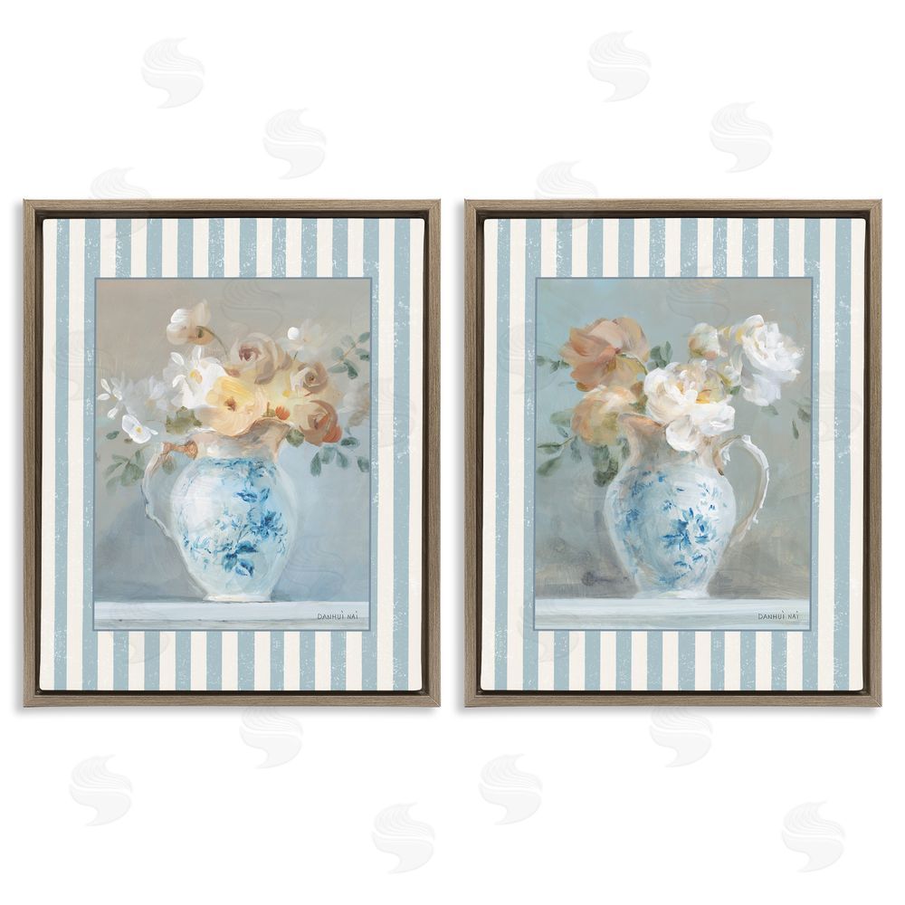 Danhui Nai Heirloom Bouquet on Stripes Brown Floating Frame Canvas Art Set