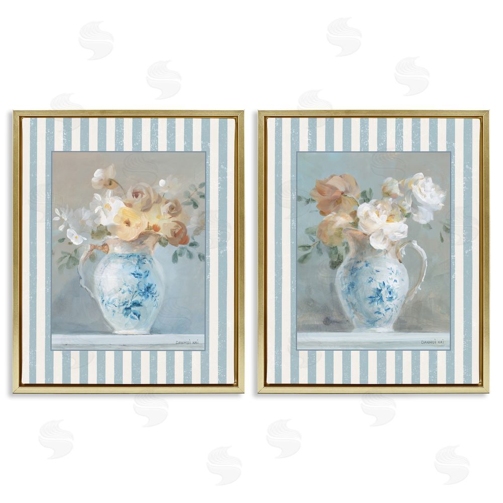 Danhui Nai Heirloom Bouquet on Stripes Gold Floating Frame Canvas Art Set