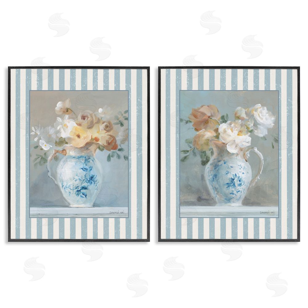 Danhui Nai Heirloom Bouquet on Stripes Black Framed Giclee Art Set