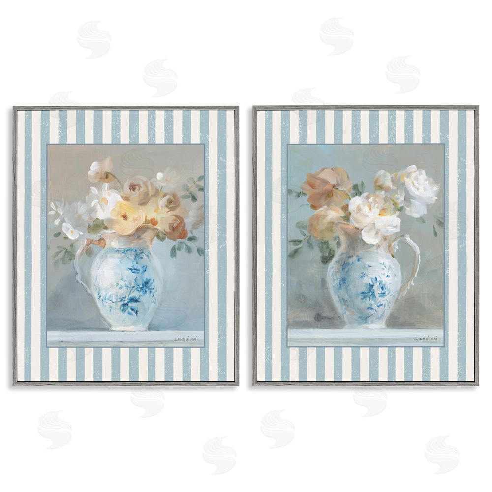Danhui Nai Heirloom Bouquet on Stripes Gray Framed Giclee Art Set