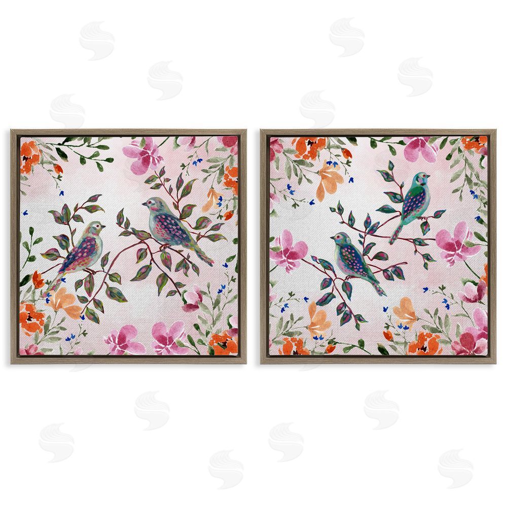 Adonna Ebrahimi Bird Pairs & Country Florals Brown Floating Frame Canvas Art Set