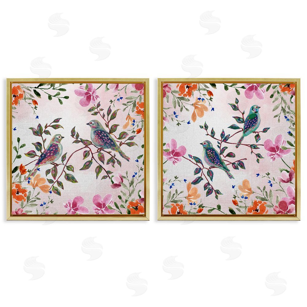 Adonna Ebrahimi Bird Pairs & Country Florals Gold Floating Frame Canvas Art Set