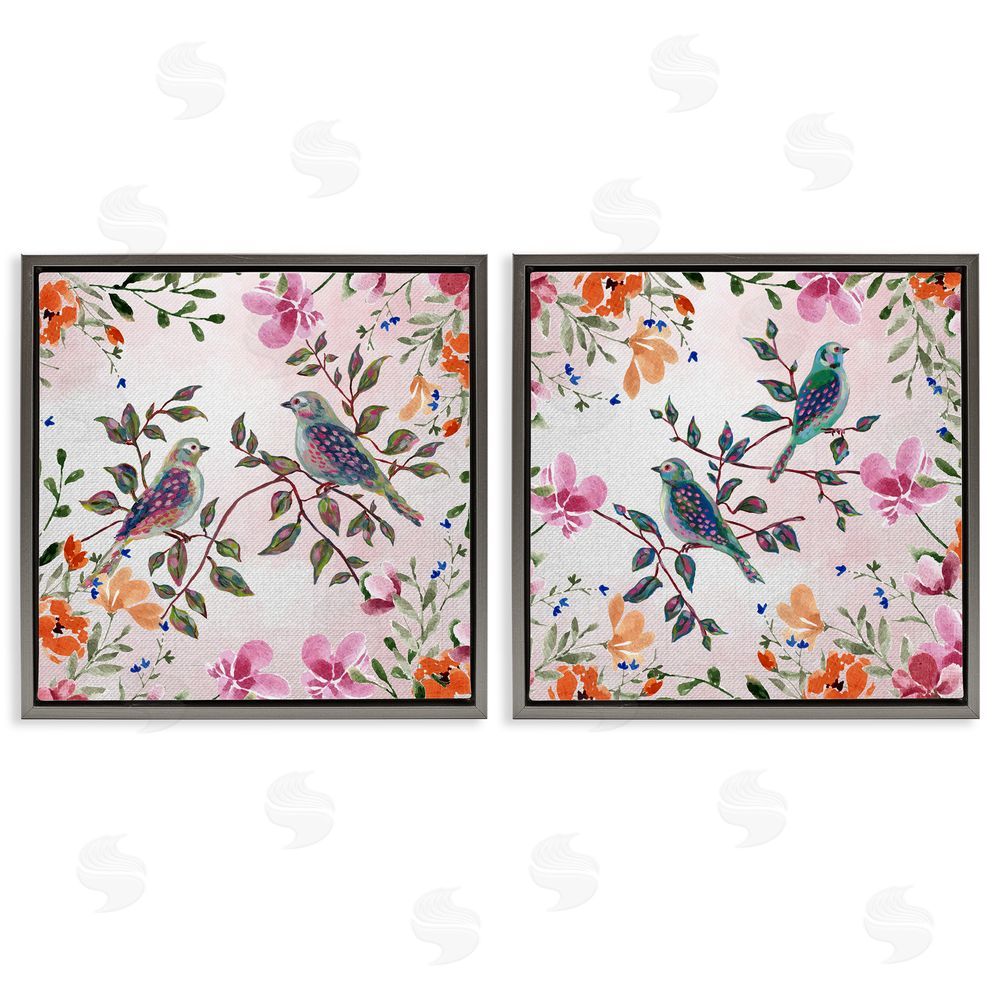 Adonna Ebrahimi Bird Pairs & Country Florals Gray Floating Frame Canvas Art Set