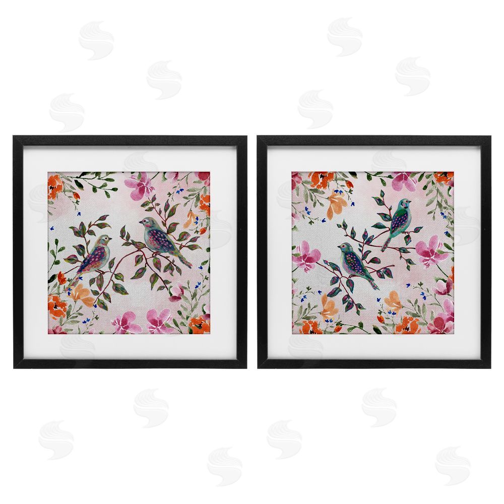 Adonna Ebrahimi Bird Pairs & Country Florals Black Framed Print Under Glass Set