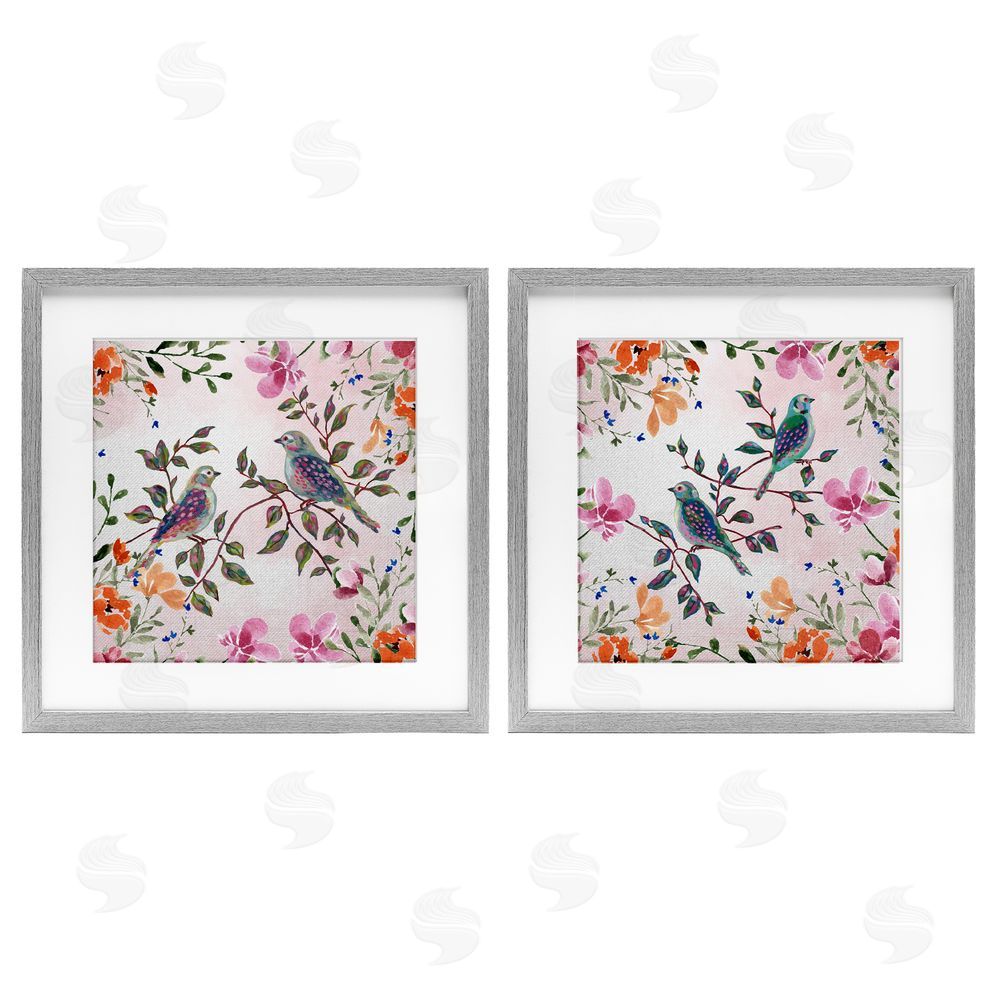 Adonna Ebrahimi Bird Pairs & Country Florals Gray Framed Print Under Glass Set