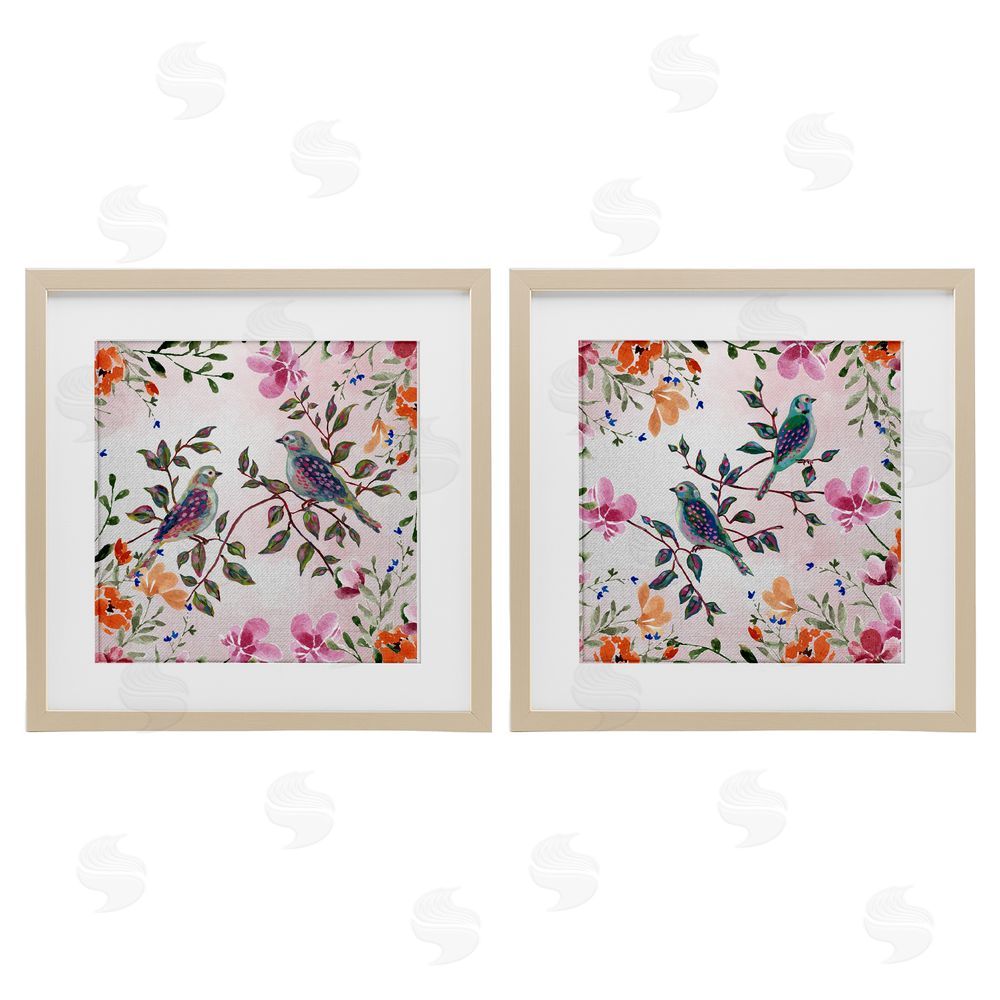 Adonna Ebrahimi Bird Pairs & Country Florals Birch Framed Print Under Glass Set