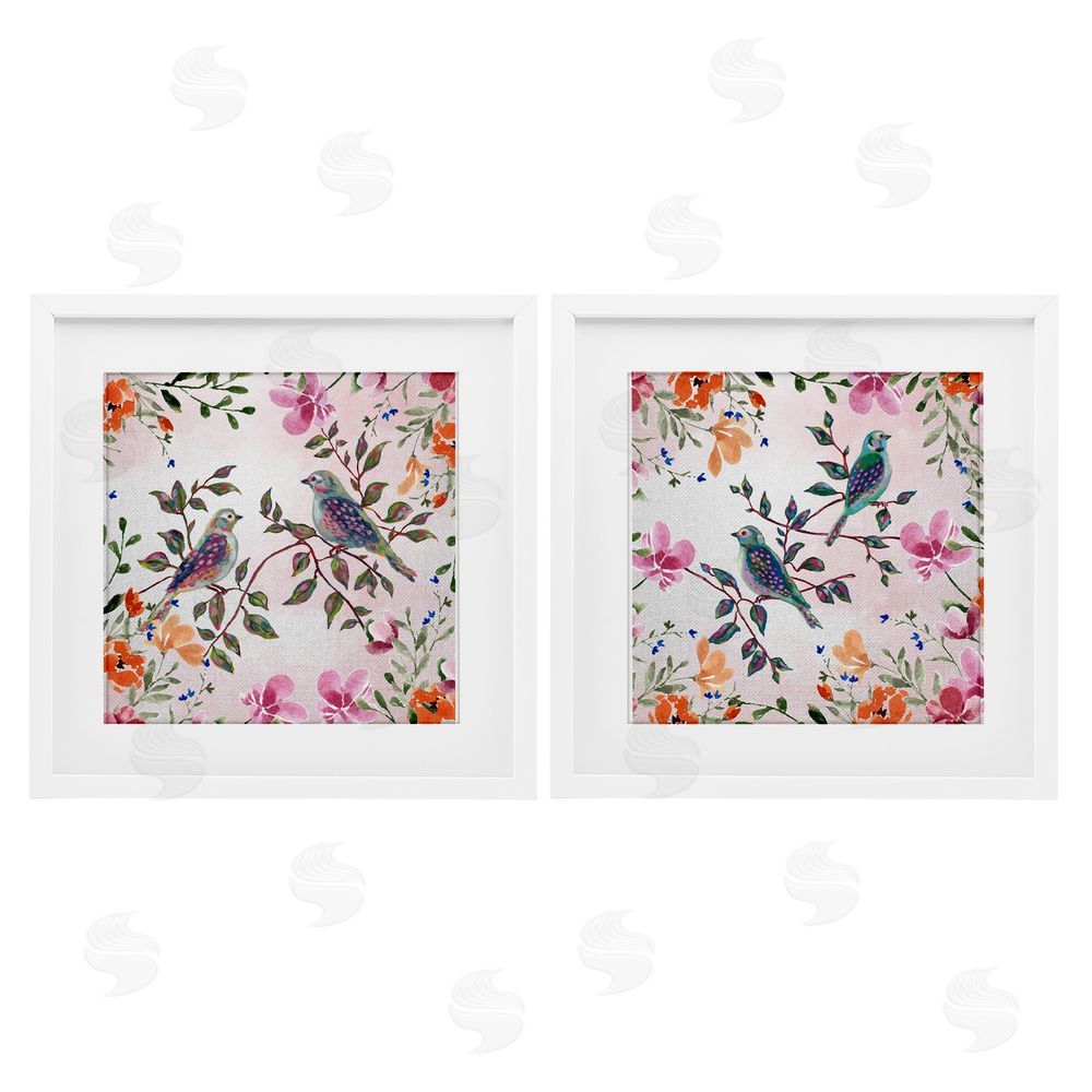 Adonna Ebrahimi Bird Pairs & Country Florals White Framed Print Under Glass Set