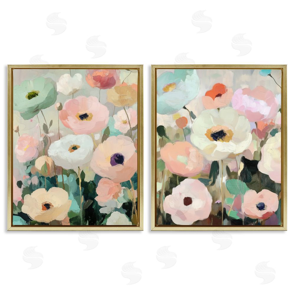 Annabelle Hall Minty Garden Flowers Gold Floating Frame Canvas Art Set