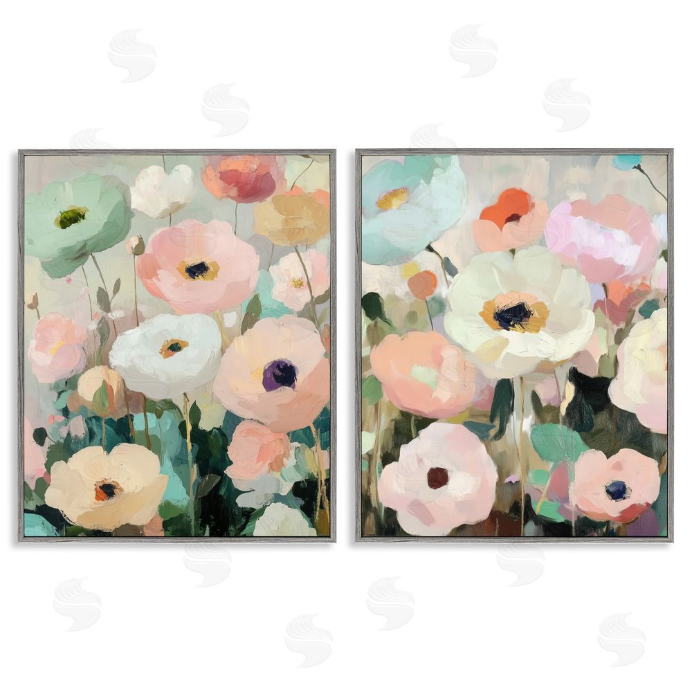 Annabelle Hall Minty Garden Flowers Gray Framed Giclee Art Set