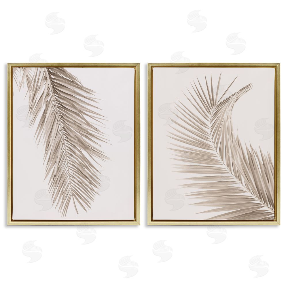Sisi and Seb Muted Neutral Brown Palms Gold Floating Frame Canvas Wall Art Print