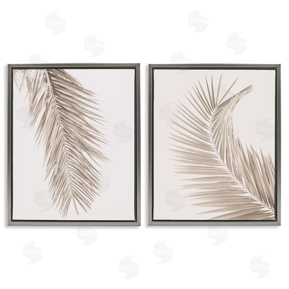 Sisi and Seb Muted Neutral Brown Palms Gray Floating Frame Canvas Wall Art Print