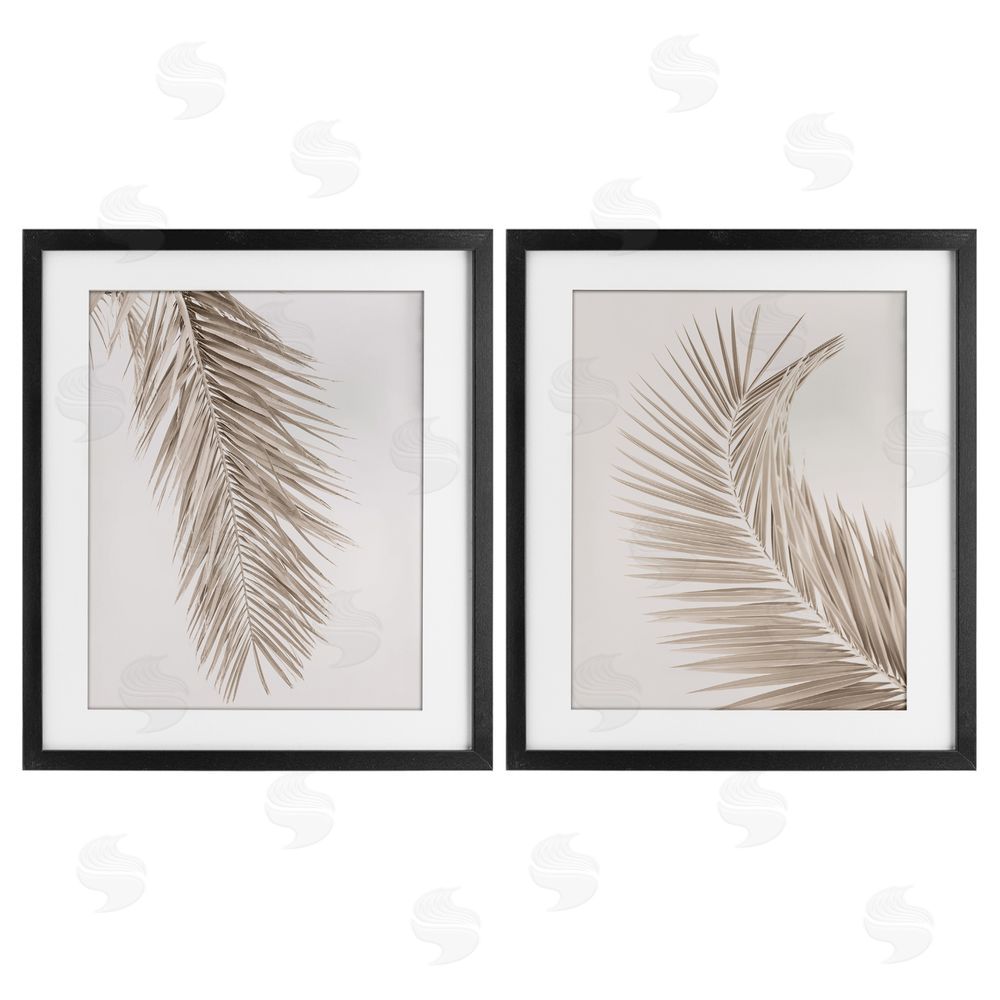 Sisi and Seb Muted Neutral Brown Palms Black Framed Print Under Glass with White Mat Wall Art