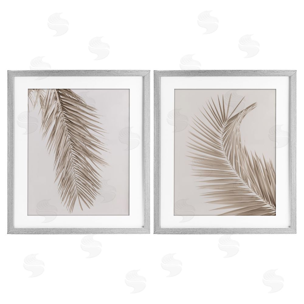 Sisi and Seb Muted Neutral Brown Palms Gray Framed Print Under Glass with White Mat Wall Art