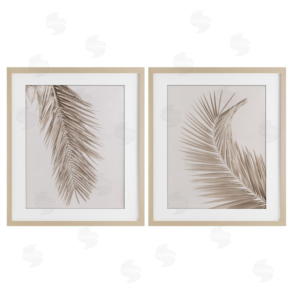 Sisi and Seb Muted Neutral Brown Palms Birch Framed Print Under Glass with White Mat Wall Art
