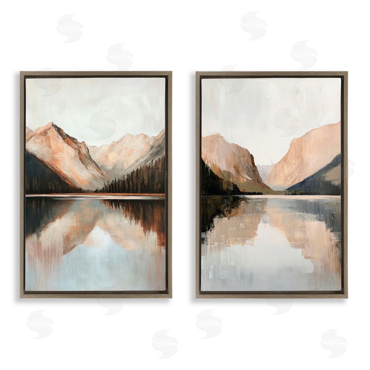 Petal Prints Design Rustic Mountain Reflection and Lakes Brown Floating Frame Canvas Wall Art Print