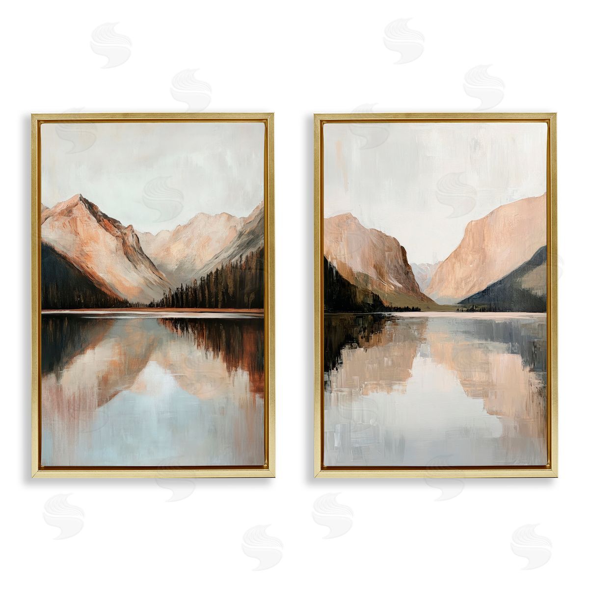 Petal Prints Design Rustic Mountain Reflection and Lakes Gold Floating Frame Canvas Wall Art Print