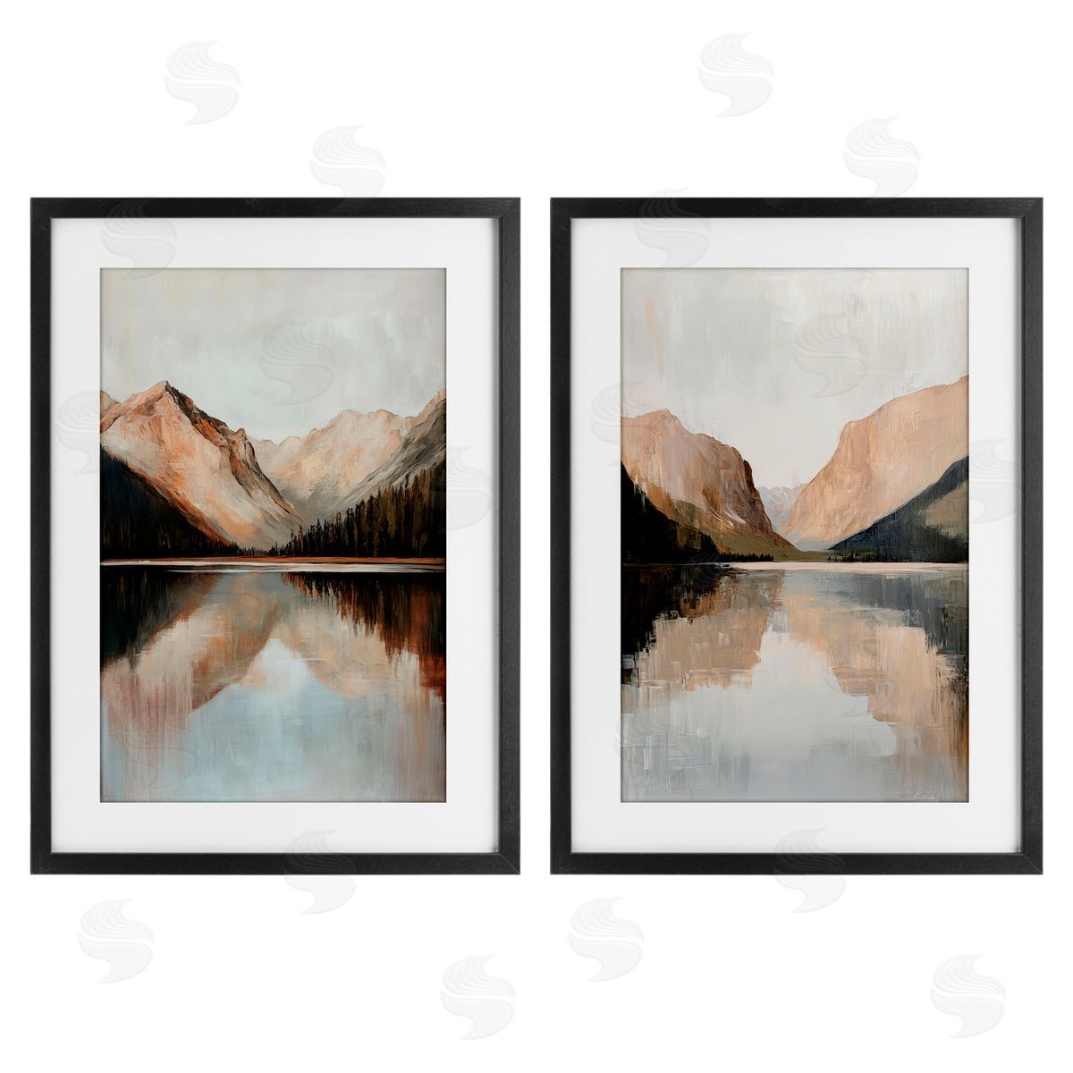 Petal Prints Design Rustic Mountain Reflection and Lakes Black Framed Print Under Glass with White Mat Wall Art