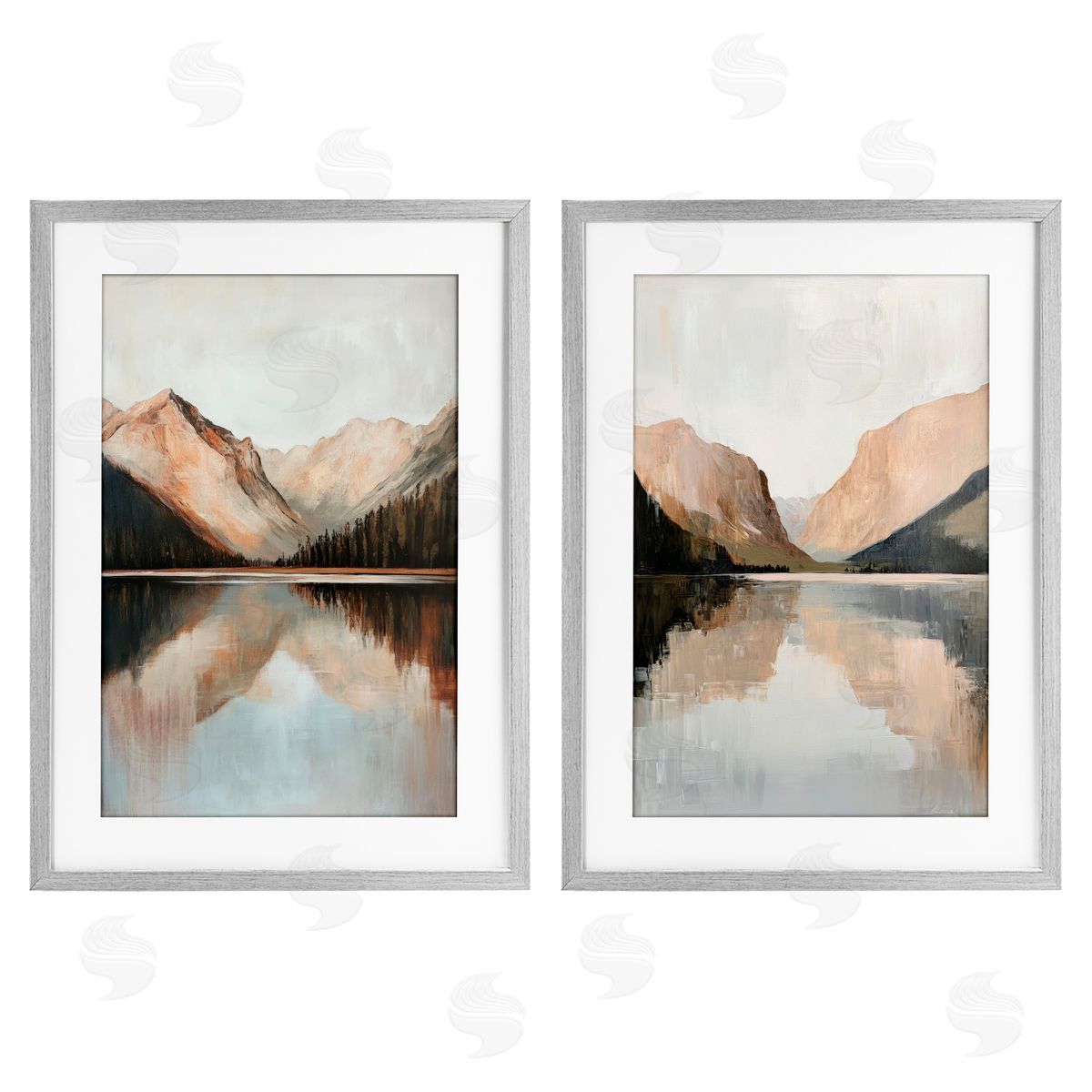 Petal Prints Design Rustic Mountain Reflection and Lakes Gray Framed Print Under Glass with White Mat Wall Art