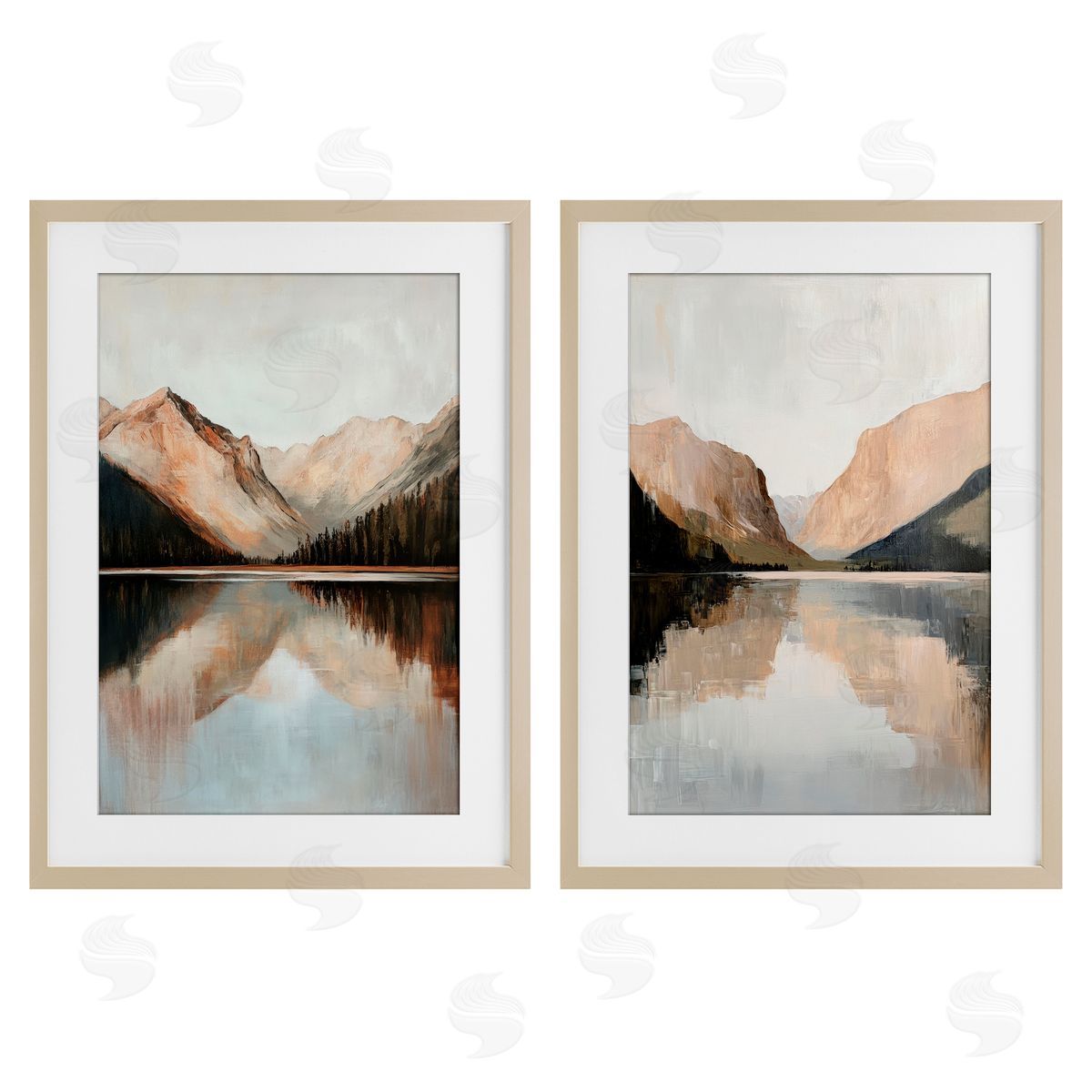 Petal Prints Design Rustic Mountain Reflection and Lakes Birch Framed Print Under Glass with White Mat Wall Art