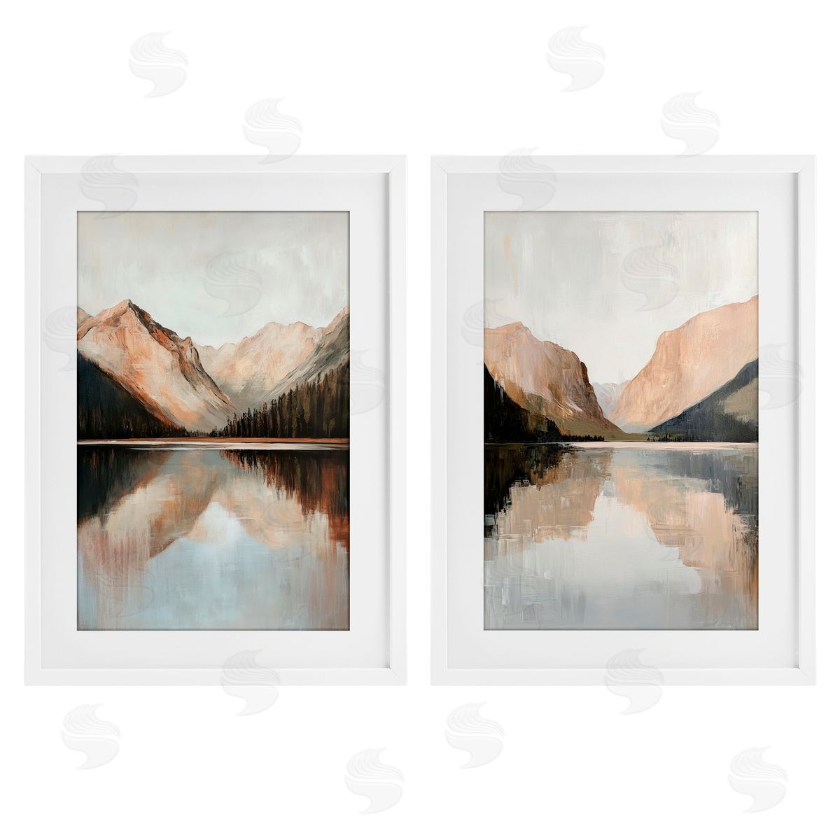 Petal Prints Design Rustic Mountain Reflection and Lakes White Framed Print Under Glass with Mat Wall Art