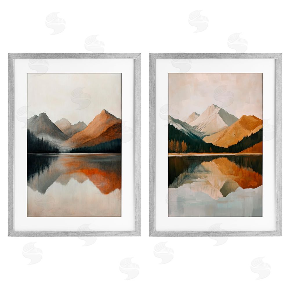 Petal Prints Design Terracotta Reflections Mountains and Lake Gray Framed Print Under Glass with White Mat Wall Art