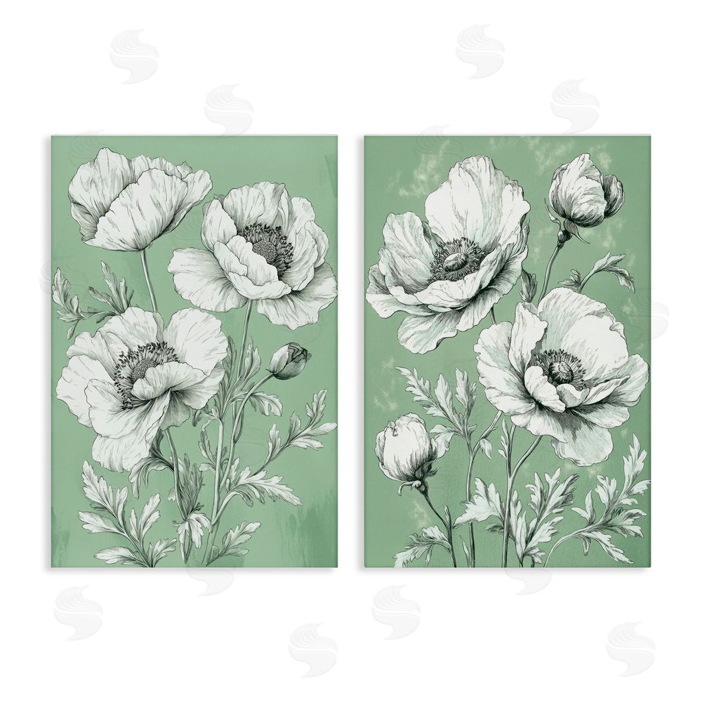 Petal Prints Design Vintage Green Poppy Florals Canvas Wall Art Print